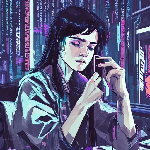 Prompt: young woman with black hair sitting in bed using the phone loose sketch cyberpunk aesthetic


