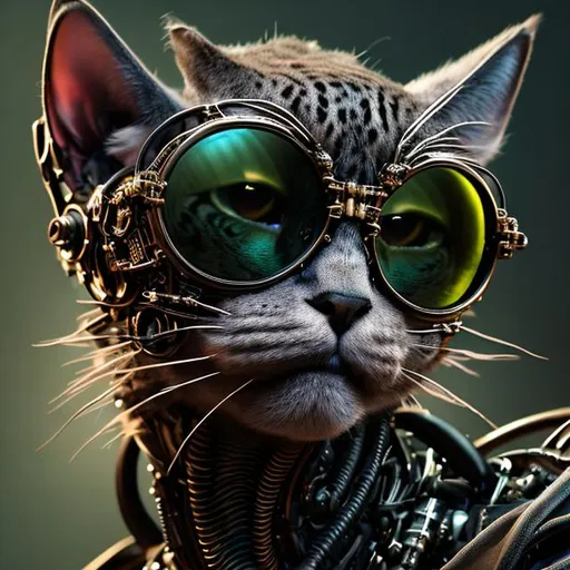 Prompt: portrait of a anthro "Punk Cat" with big Funky Eyewear, intricate, elegant, hyperdetailed, cybernetic, digital painting, artstation, concept art, biomechanical, sharp focus, illustration, greg rutkowski, anthropomorphic, fractal details in big green cat eyes, very striking, WLOP, Artgerm, ray tracing , DSLR, HDR