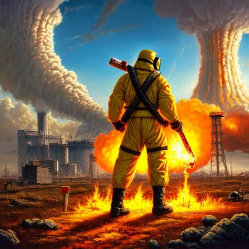 Prompt: Guy in a hazmat suit, Nuclear wasteland, destroying things with a massive hammer, high res