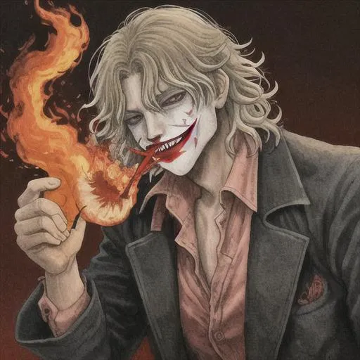 Prompt: Fire consuming the joker (heith ledger)