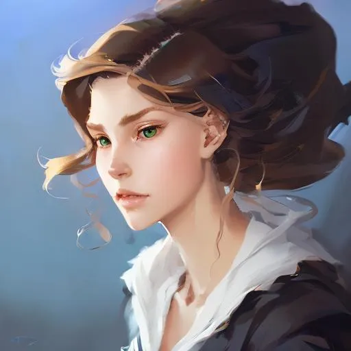 Prompt: Anime girl with her hair flowing in the wind Krenz Cushart + loish +gaston bussiere +craig mullins, j. c. leyendecker +Artgerm, oil painting   Krenz Cushart + loish +gaston bussiere +craig mullins, j. c. leyendecker +Artgerm, oil painting texture. 