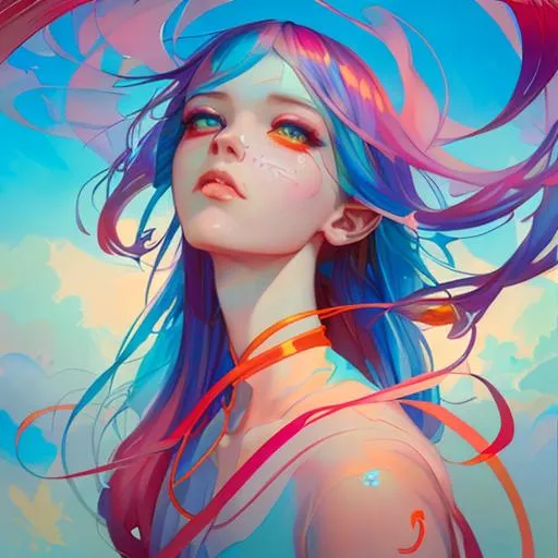 Prompt: Loish, james jean, Anna Dittmann, rossdraws, floating female figure made of ribbons, smoke, in the sky, colorful and vibrant, mystical  colors, contemporary impressionism, yanjun cheng portrait painting, iridescent painting, 3/4 perspective view, cute face, low angle, sweeping circling composition, large beautiful crystal eyes, big irises, 