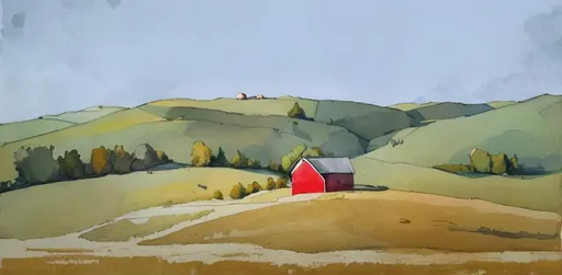 Prompt: a small red barn sitting on a hill 

