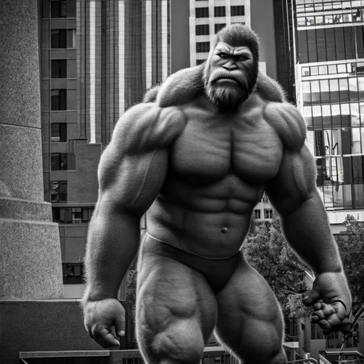 Prompt: A huge, 10 foot tall, muscle bound sasquatch in a city.