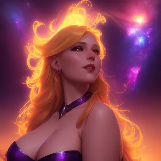 Prompt: a young gorgeous heavy on bottom woman , golden hair , sitting in heaven , fantasy , purple eyeshadow , cheerful expression , attractive , ultra hd , volumetric lighting , unreal engine 4 , nebula, nostalgic , hyper realism , sharp focus , digital art , artstation , sun lights , day