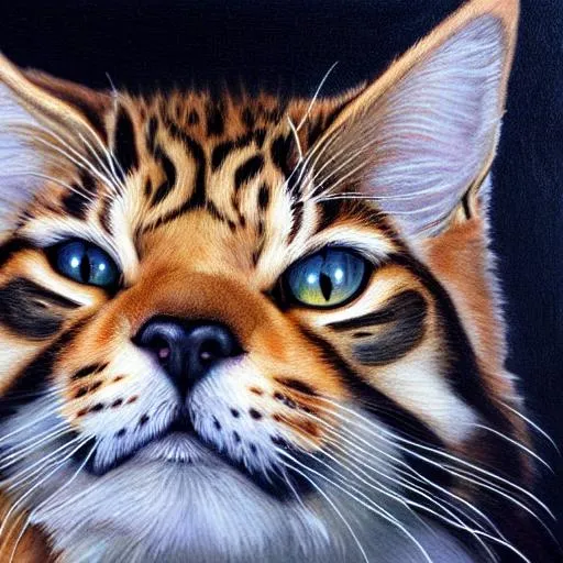 Prompt: Erin hunter, warrior cats, realistic cat, detailed fur, realistic  realistic fur, eye, oil painting, anime, fullbody, forest background, shadows, jaguar fur, spotted cat, calico, tortoiseshell, abyssian, tiger fur, serval fur, big domesticated cat,