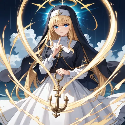 Prompt: (Nun), ethereal figure in a flowing (white dress), wielding a brilliant ( giant Golden anchor), radiating a mesmerizing (golden aura), surrounded by a celestial (halo), enveloped in stunning (flowing water), set against a dramatic backdrop of soft clouds and heavenly light, in the rain, evoking a sense of divine inspiration, ultra-detailed, cinematic quality, illuminating the scene in a warm, glorious glow. Black capelet, gold trim,blue flower print, blonde hair. Blue eyes