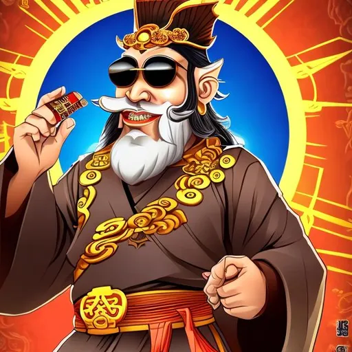 Prompt: Chinese god of wealth, gunstar style, a cigar in mouth , long hair, sun glasses, 