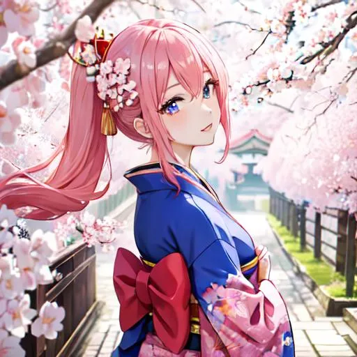 Prompt: Japan as a female human, 8k, UHD,  highly detailed, pink hair, blue eyes, wearing a kimono, under the cherry blossom trees, 