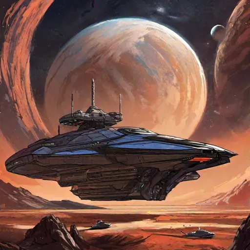 Prompt: a Scifi battlespace ship. frigate spaceship. mass effect art. art-station art. In background planet earth. rpg. rpg art. 2d art. 2d.