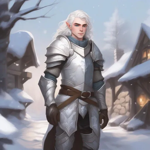 Prompt: DND a cute pale male elf with medium length wavy white hair and pale blue eyes wearing plate armor in a snowy village cute