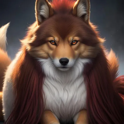 Prompt: 8k, 3D, UHD, masterpiece, oil painting, best quality, artstation, hyper realistic, photograph, perfect composition, zoomed out view of character, 8k eyes, Portrait of a (beautiful Ninetales), {canine quadruped}, thick glistening gold fur, deep sinister (crimson eyes), ageless, lives a thousand years, epic anime portrait, vindictive, angry, vengeful, wearing a beautiful (silky scarlet and gold scarf), thick white mane with fluffy golden crest, golden magic fur lighlights, studio lighting, animated, sharp focus, intricately detailed fur, graceful, regal, cinematic, magnificent, sharp detailed eyes, beautifully detailed face, highly detailed starry sky with pastel pink clouds, ambient golden light, perfect proportions, nine beautiful tails with pale orange tips, insanely beautiful, highly detailed mouth, symmetric, sharp focus, golden ratio, complementary colors, perfect composition, professional, unreal engine, high octane render, highly detailed mouth, Yuino Chiri, Anne Stokes