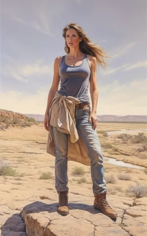 Prompt: create a hyper detailed, color pencil drawing, hyper detailed, UHD, HDR, 128K, standing on a rock portrait of a woman in in a semi-arid landscape portrait drawing in the style of Norman Rockwell, Steve Hanks, and Michael James Smith, portrait of woman, standing on the rock edge of a gulley with white drape billowing in the high wind. The woman forged by the harsh sands of a dystopian future and stands on the edge of a wide and rock gully with cracked stone and rock pebbles. Along the gully are ledges of rock overhanging over the edges of the gully and it is trimmed with mostly dry but an occasionally green brush, grass and tumble weed or other forest fauna including vines. in the middle of the gully there are falls of water still left from the last deluge that reflect the blue sky. a Texas Jackrabbit is brave enough to wander out to test the water. The rest of the scene is an serene scene with lush brush and grass. Dramatic natural light. There is a blue sky with swirling cumulus clouds. There are low hills in the far distance that are faded and blue and some trees can be seen in the distance. There is ponding water that reflects the sky., 3d render, painting, photo, cinematic, poster