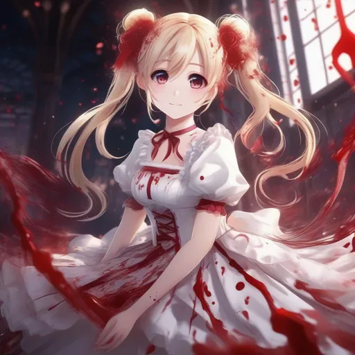 Prompt: 3d anime woman cute innocent smiling covered in blood blonde pigtails hair and white dress covered in blood and beautiful pretty art 4k full HD