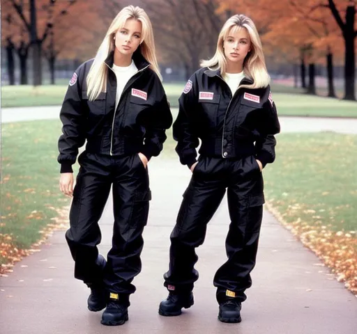 Prompt: 1999 picture, beautiful women, blonde, brunette, wearing jackets, pants, heavy black work boots, emt