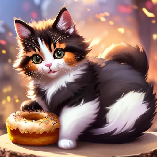 Prompt: a cat with Calico fur holding a donut on horseback cute chibi intense high quality art high quality shading high quality lighting dramatic lighting ultra 4K HD quality 3D art 3D art 3D art