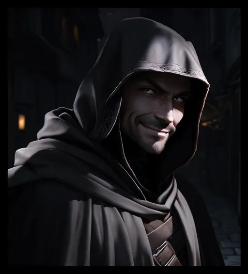 Prompt: A handsome rogue with a sly smile and a smug look on his face, he is wearing a dark cloak and a cowl that mostly covers his features. Portrait, face barely illuminated. At night. Dark stingy alley in the background.
