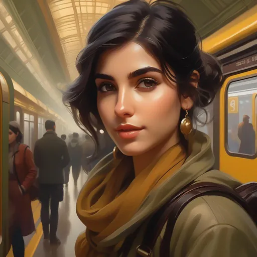 Prompt: Third person, gameplay, Turkish girl, pale olive skin, black hair, brown eyes, 2020s, smartphone, Istanbul subway station, foggy, golden atmosphere, cartoony style, extremely detailed painting by Greg Rutkowski and by Henry Justice Ford and by Steve Henderson 