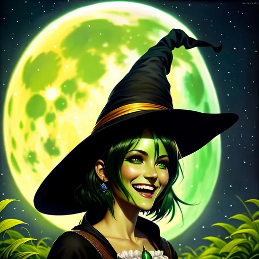 Prompt: head shot, detailed painting, skinny witch, laughing, green skin, black hair, outdoor, ghosts, HDR, UHD, 64K, highly detailed, studio lighting, Professional, trending on
artstation, harvest moon