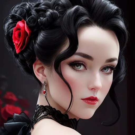 Prompt: Beautiful woman portrait wearing a black evening gown,  black hair, dark eyes, ruby jewelry,elaborate updo hairstyle adorned with flowers, facial closeup