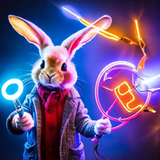 Prompt: face lighting,bright backlight,super high resolution,best quality,Photos,4k,(Realistic:1.2),tu,rabbit,(mechanical arm:1.4), white background,rabbit ears,boots,solo,animal ears,<lora:tu_20230808151842:0.9>,whole body,jacket,stand,