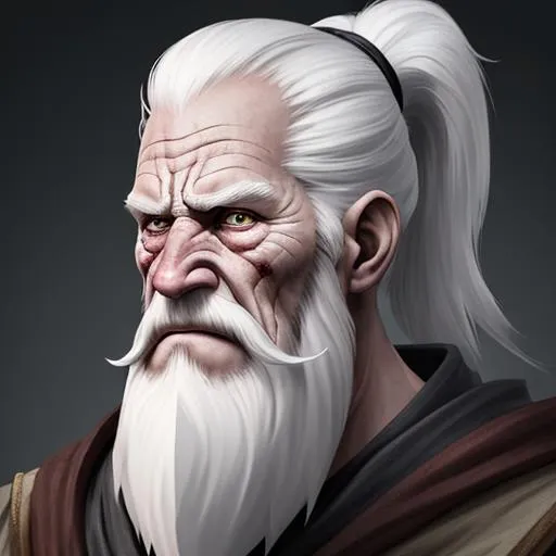 Prompt: Old wizard, white ponytail, white beard, very wrinkled, one large scar on face from forehead to cheek