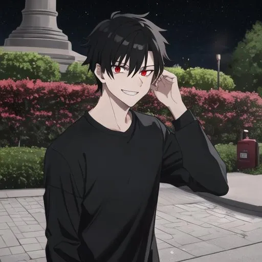 Prompt: Damien (male, short black hair, red eyes) in the park at night, grinning sadistically, casual outfit, dark out, nighttime