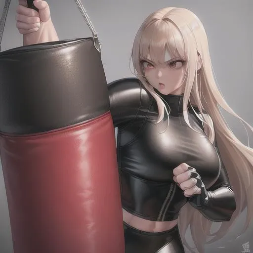 Prompt: only girl, punching bags punching, high quality, bloody, punching bag,Best quality, tall girl, (punching bag:1.2), master piece, leggings , muscle, bloody punching bag, latex ,ultra detailed, realistic, 4k, fight punching, open finger gloves ,pixiv,punching fighting, beauty girl, pretty 