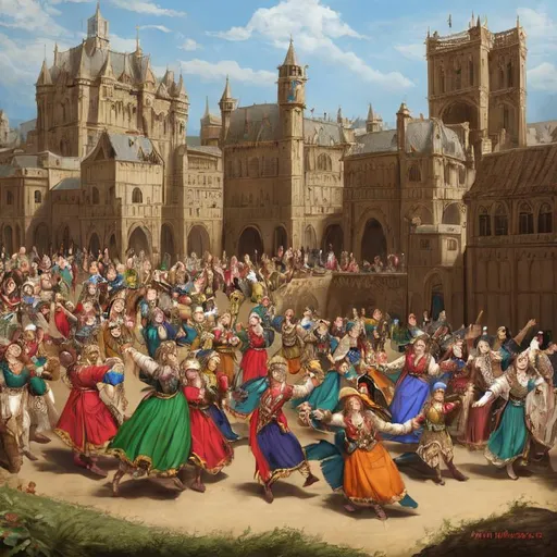 Prompt: matte painting, folkloric dance, medieval, miniature