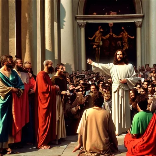 Prompt: Jesus preaches in front of Emperor Caligula