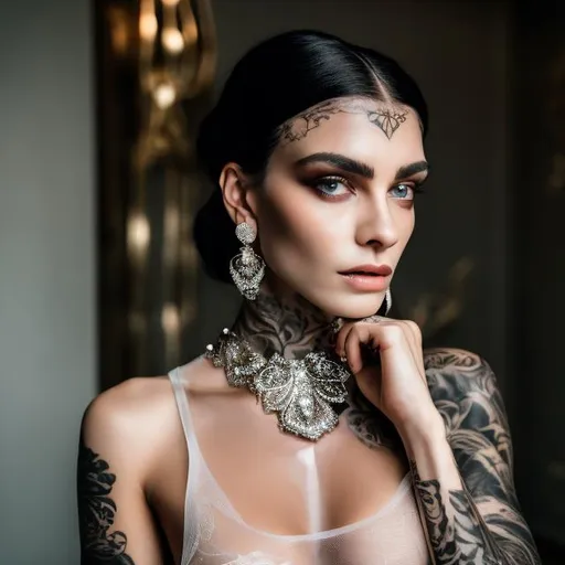 Prompt: Extremely beautiful woman, black hair, straight, blue eyes, silver earrings, tattooed skin, sophisticated tattoos, in the style of charming rich people, darkerrorcore, intense gaze, wearing a white transparent floral lace negligee, backlit, ethereal, 8k high quality, UHD,  HDR