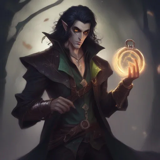 Prompt: male fey elf dnd arcane trickster hi res, vampire hunter d looking elf, picking lock with magic, dark hair, badass, glowing eyes