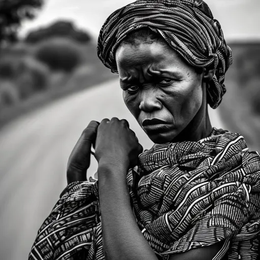 Prompt: african woman looking sad by the road
