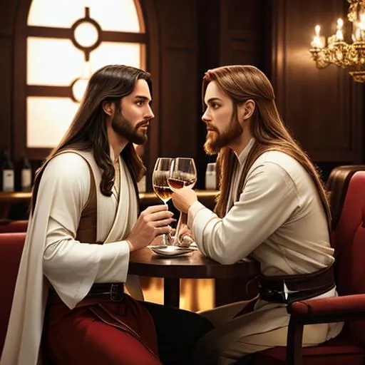 Prompt: Jesus and Obi-wan Kenobi long hair drinking wine in a fancy café