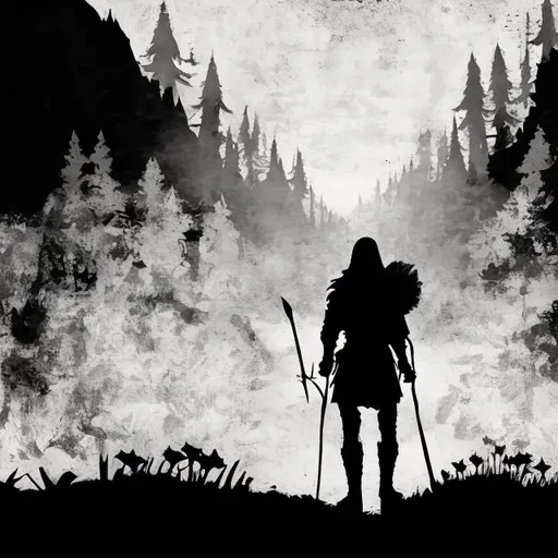 Prompt: Black and white stencil of an adventurer at the end of an epic journey 