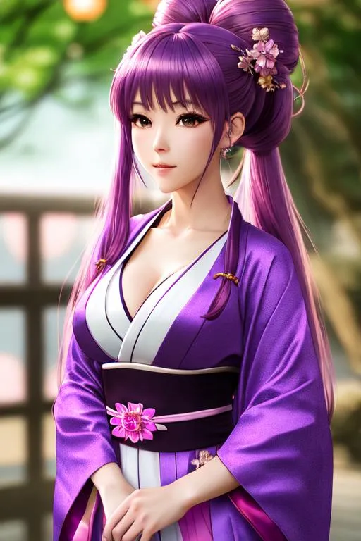 Prompt: a sad beautiful purple haired anime girl wearing pink kimono, small cleavage, twintail hair, anime, beautiful face, soft lighting, blur, Elegant, graceful, HDR, UHD, high res, 64k, cinematic lighting, special effects, detailed accessories, detailed face, detailed kimono, detailed japanese building background, hyperdetailed, masterpiece, 4k, 8k