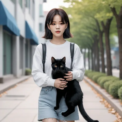 Prompt: park jimin is walking down the sidewalk carrying a black cat, frontal view, 4k realism