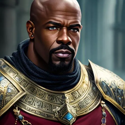 Prompt: UHD, 8k, high quality, ultra quality, cinematic lighting, special effects, Very detailed, high detailed face, high detailed eyes, medieval, fantasy, D&D, oil painting, full view of chatacter, full body, zoom out, Terry Crews, bald, armor, warrior