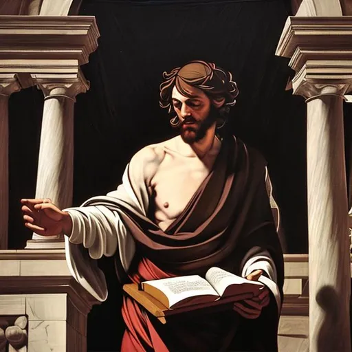 Prompt: the prophet isaiah holding a scroll in front of the temple in the style of Caravaggio