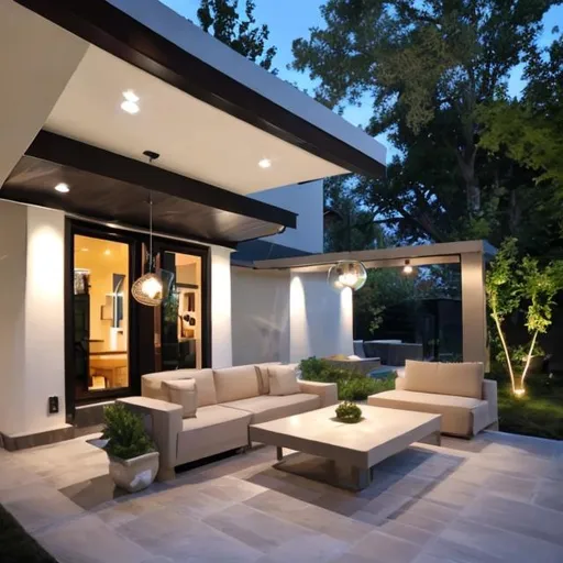 Prompt: patio area, modern contemporary, clean, covered, pendant lights, modern furniture, minimalist


