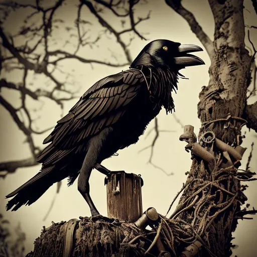 Prompt: a steampunk crow sitting in an old, dead tree