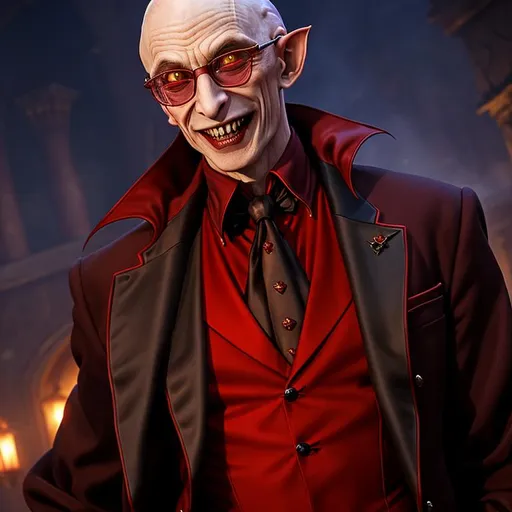 Prompt: Nosferatu vampire from "Vampire The Masquerade", ugly vampire, monstrous facial features, cursed, disfigured, Clan Nosferatu, vampire hacker, wearing glasses, wearing a vicuna business suit, delighted smirk, amused expression, raw photo, photorealistic, full body image, High Detail, dramatic pose, UHD, realistic, sharp focus, 8K high definition, insanely detailed, intricate, high quality, real, Alive, real skin textures,