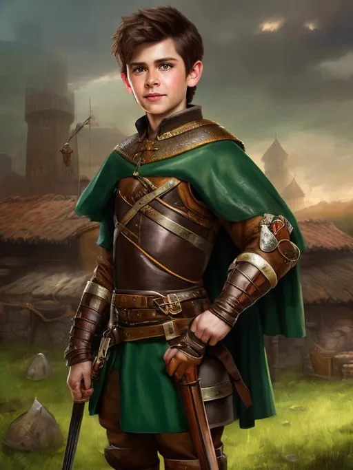 Prompt: realistic style, medieval tavern background a boy with short brown hair, leather helmet and shoulder pad dark green cloak