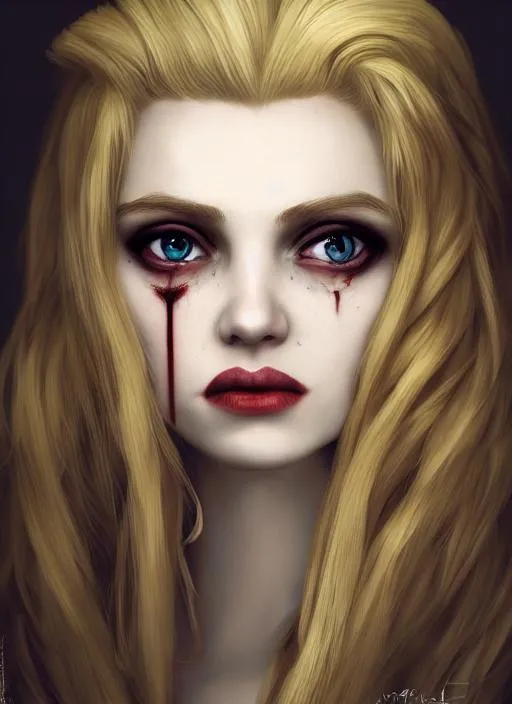 Prompt: Portrait of vampire with blond hair and with cute face, castel, perfect composition, hyperrealistic, super detailed, 8k, high quality, trending art, trending on artstation, sharp focus, studio photo, intricate details, highly detailed