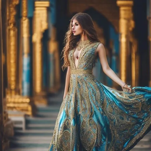 Prompt: Young hot women with blue eyes and Arabian jwellery in gold and blue dress Arabian nights jwellery long wide slit dress 
