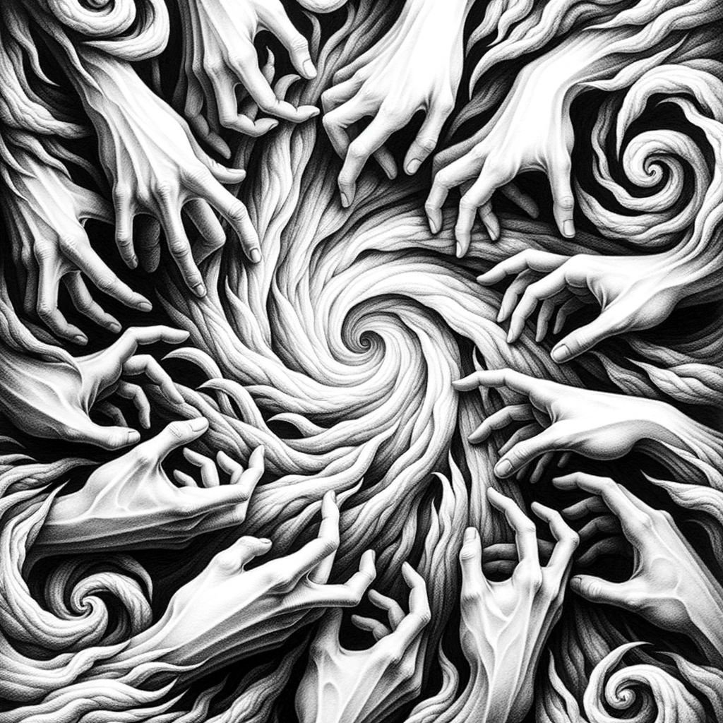 Prompt: Intricate pencil drawing in black and white, where hands reach out from different directions, trying to grasp at swirling mists and shadows, capturing the essence of embracing the unpredictable nature of insanity.