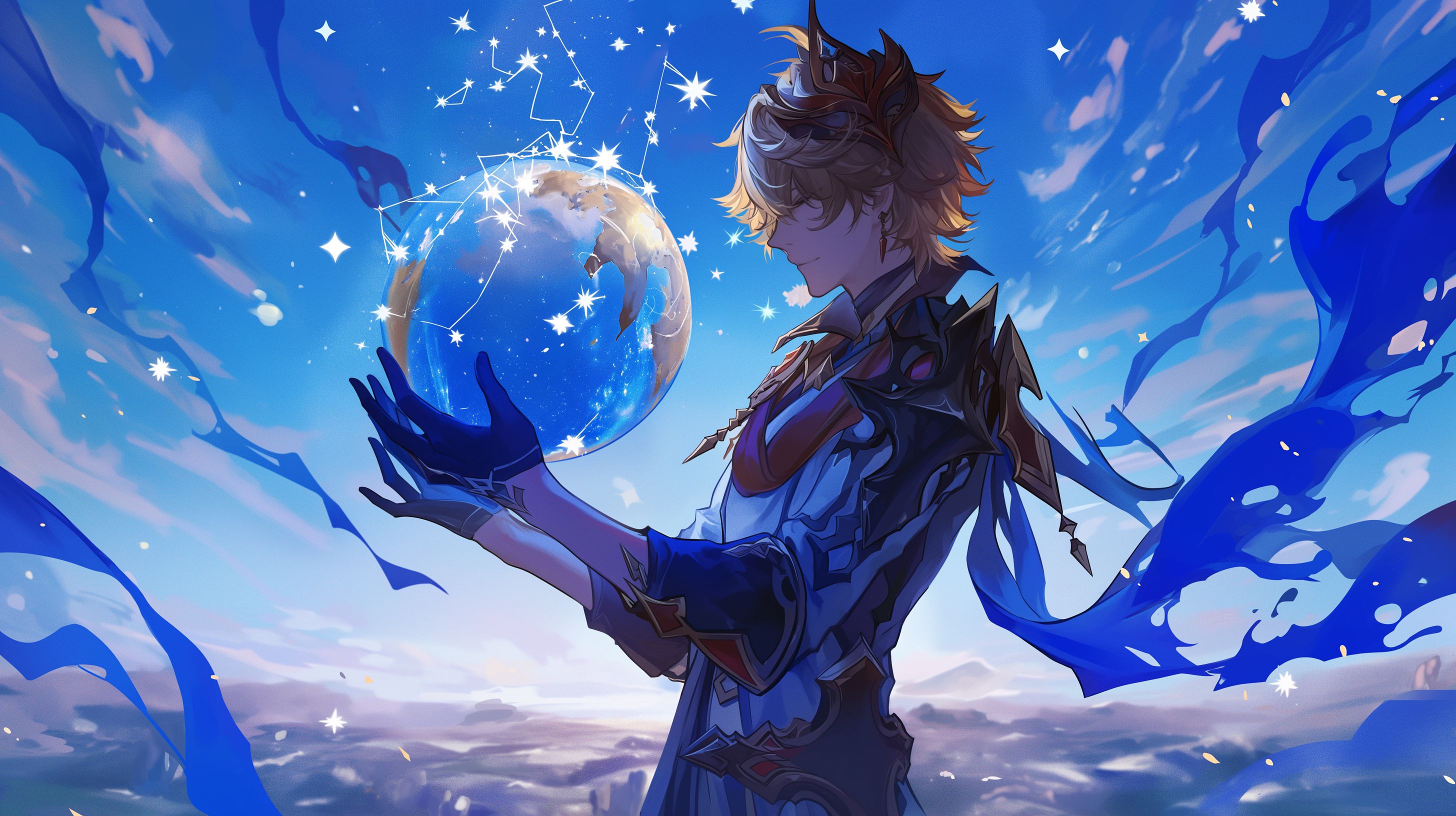 Prompt: Tartaglia from Genshin Impact, holding the entirety of the globe of Teyvat in his hands, looking down in wonder at it, the stars magically swirl around him, creation, blue water color brush strokes, childrens story book --ar 16:9 --niji 6