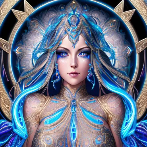 Prompt: intricate Art deco metallic goddess portrait, sparkling gown, blue eyes, metal, color, neon, ornate, intricate, flowing, neon, led, fractals, hyper-detailed, 64K, UHD, HDR, unreal engine, vivid colors