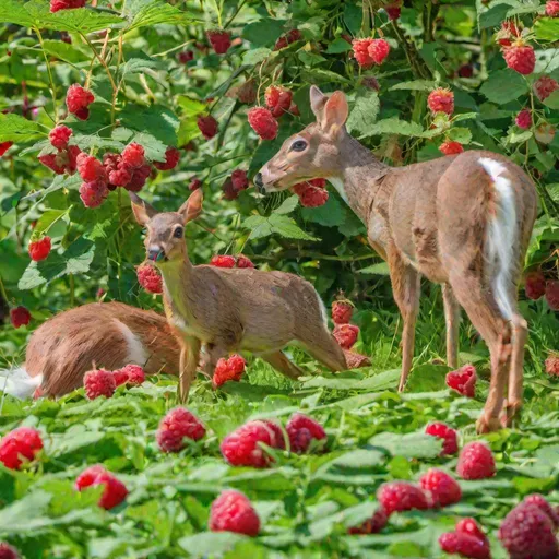 Prompt: Deer, rabbits and squirrels enjoying the sun eating raspberries