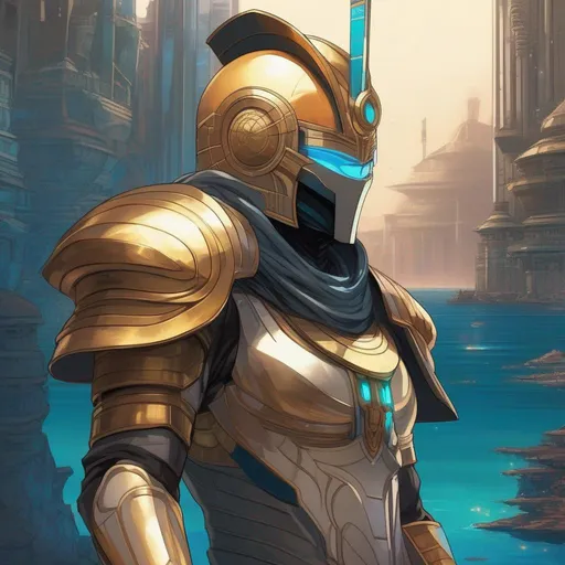 Prompt: Whole body, Full figure. An egyptian warrior with scifi armor and helm. Nova corps helm covering his face. a underwater city in background anime art. akira art. leiiji matsmuto art. 2d art. 2d.